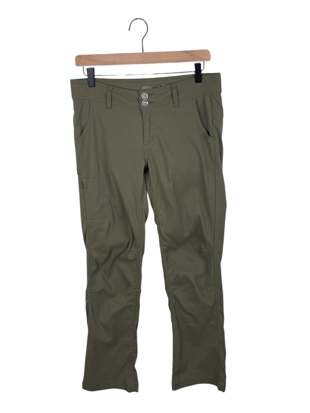 Prana Women's Halle Pant Size 4 Short Inseam Olive Green Outdoor Hiking *Stained